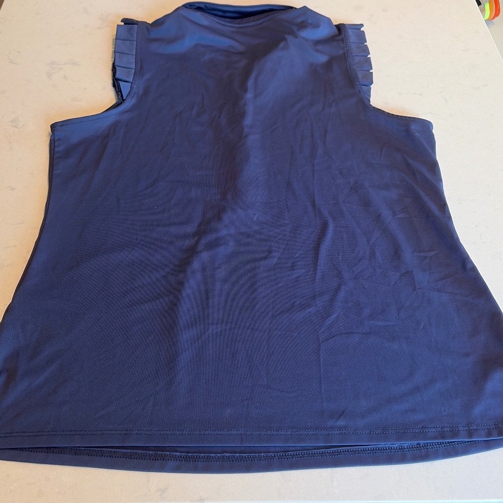 Sigrid Olsen Golf Top Women L Navy Blue Ruffle Sleeve Tennis Polo Preppy Sporty - Picture 4 of 9